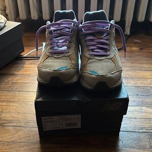 New Balance Beige Sneakers with Purple Laces